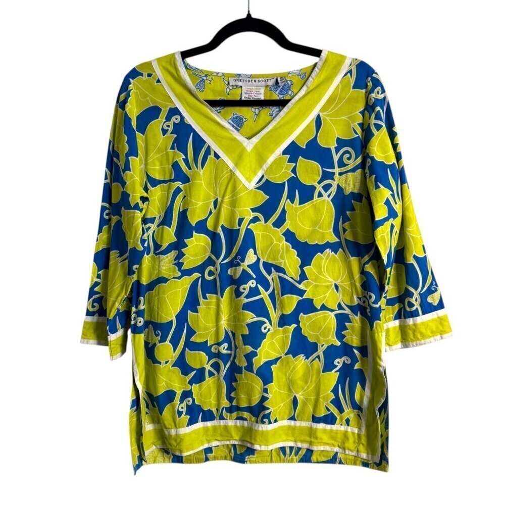 Gretchen Scott Lotus Print Tunic Top Size M Blue Green Floral V-Neck 3/4 Sleeve